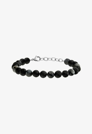 Schwarzes und graues Perlenarmband aus Lavastein, mit einem silberfarbenen Metallverschluss und verstellbarer Kette zur Größenanpassung.