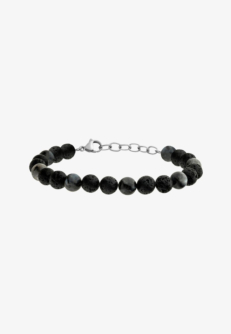Schwarzes und graues Perlenarmband aus Lavastein, mit einem silberfarbenen Metallverschluss und verstellbarer Kette zur Größenanpassung.