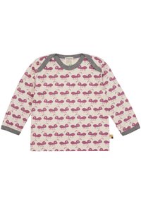 Langärmliges Baby-Shirt aus cremeweißem Baumwollstoff mit rosa Ameisenmustern. Graues, geripptes Halsbündchen und Bündchen. Etikett an der unteren Seite.