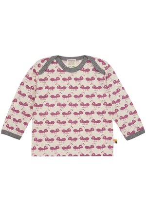 Langärmliges Baby-Shirt aus cremeweißem Baumwollstoff mit rosa Ameisenmustern. Graues, geripptes Halsbündchen und Bündchen. Etikett an der unteren Seite.