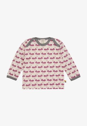 Langärmliges Baby-Shirt aus cremeweißem Baumwollstoff mit rosa Ameisenmustern. Graues, geripptes Halsbündchen und Bündchen. Etikett an der unteren Seite.