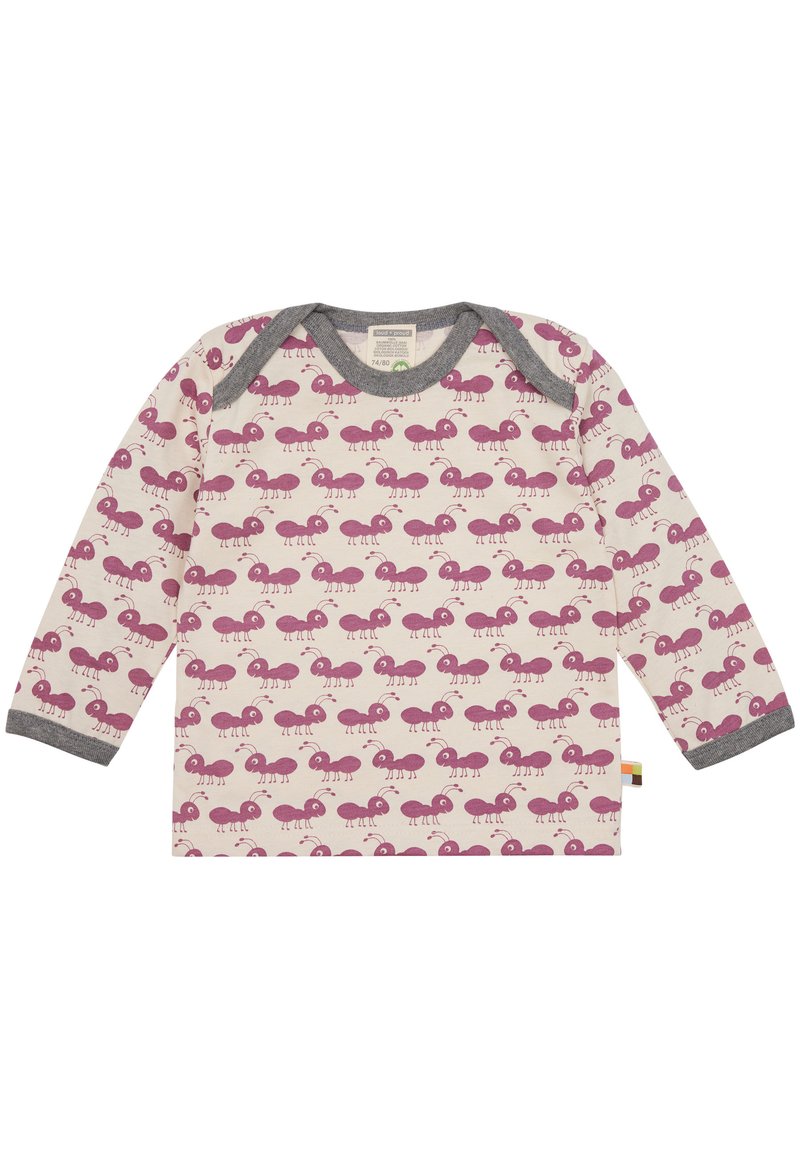 Langärmliges Baby-Shirt aus cremeweißem Baumwollstoff mit rosa Ameisenmustern. Graues, geripptes Halsbündchen und Bündchen. Etikett an der unteren Seite.