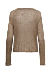 Pull en maille à manches longues de couleur marron clair avec une coupe ample et un ourlet légèrement arrondi, montré de dos sur un fond blanc.