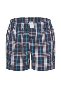 Boxerky v námořnicky modrém károvaném vzoru se světle šedými a tyrkysovými akcenty. Vyrobené z měkké látky, s elastickým pasem a zapínáním na knoflíky vpředu.