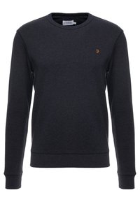 Felpa grigio scuro in cotone, con collo rotondo, maniche lunghe, polsini a costine e un piccolo logo arancione sul petto.