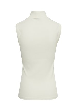 Top sin mangas y con cuello alto de canalé en color crema claro. Textura suave con forma ajustada y bordes limpios, presentando un escote alto.