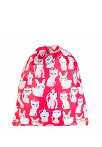 Zwarte trekkoord tas met cartoon dieren patronen. Heeft een geplooid bovenkant en messingkleurige ooggaten. Gemaakt van duurzaam stof.