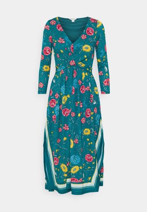 Miętowa sukienka midi z długim rękawem, z różowym, żółtym i niebieskim kwiatowym nadrukiem, głębokim dekoltem w serek, dopasowaną talią oraz wzorem przy brzegu.