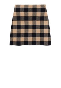 Jupe en laine beige et noire à carreaux, silhouette trapèze et taille haute.