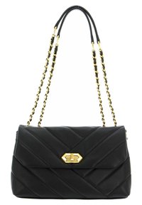 Sac à main en cuir noir matelassé avec des chaînes dorées, dotée d'une fermeture à fermoir doré et d'un motif de surpiqûres en diagonale sur le devant.