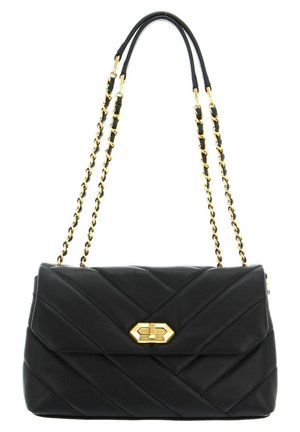 Sac à main en cuir noir matelassé avec des chaînes dorées, dotée d'une fermeture à fermoir doré et d'un motif de surpiqûres en diagonale sur le devant.