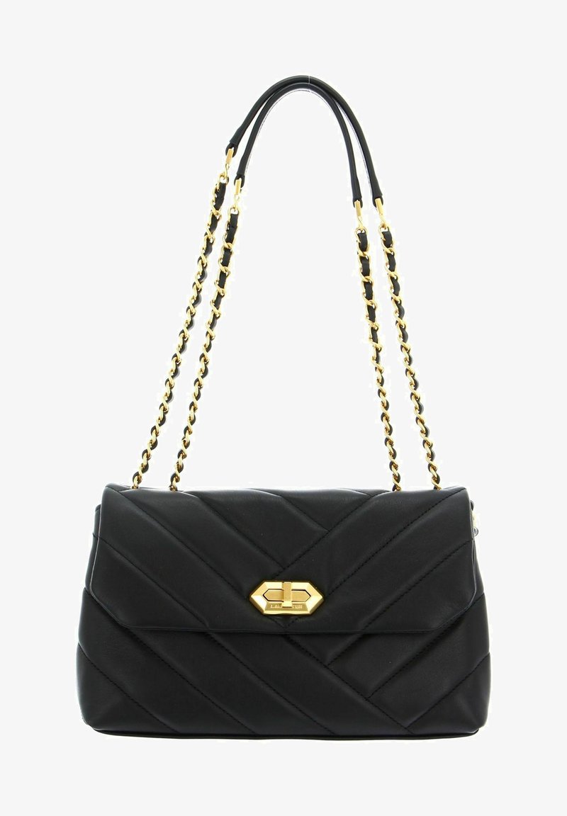 Sac à main en cuir noir matelassé avec des chaînes dorées, dotée d'une fermeture à fermoir doré et d'un motif de surpiqûres en diagonale sur le devant.