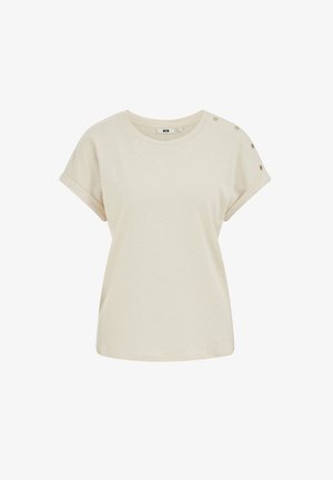 Beež lühikeste varrukatega T-särk ümara kaelusega, rullitud varrukate ja kolme metallist trukiga mööda ühe õmbluse õlga.