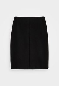 Jupe crayon noire longueur genou avec une couture centrale, présentée sur un fond blanc uni.