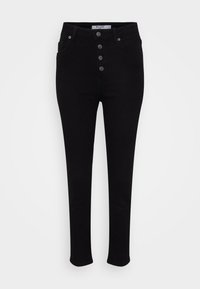 Jeans pretos de cintura alta feitos de denim, com um fecho de cinco botões, com dois bolsos frontais e um design slim-fit.