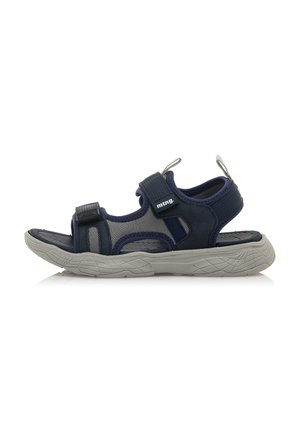 Infradito blu navy con tomaia in rete, cinturini regolabili e suola in gomma grigia con un motivo zelato per una buona aderenza.