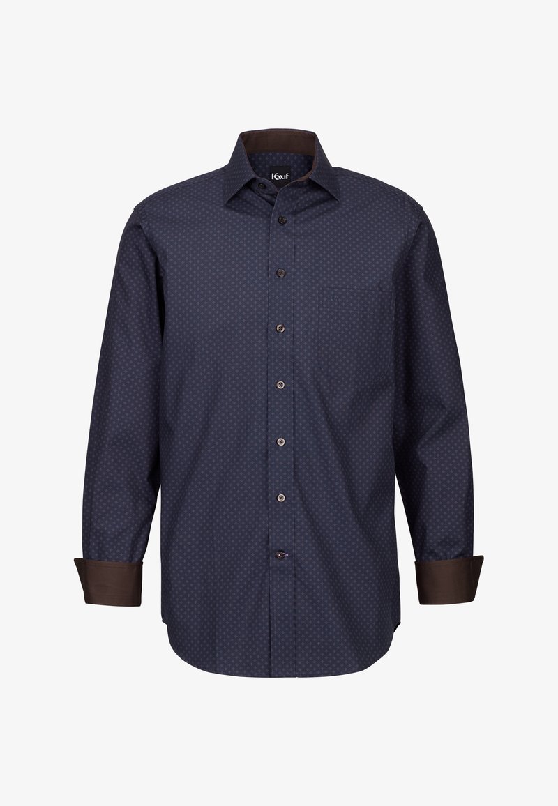 Camicia button-up blu navy con motivo a diamante, colletto e polsini marroni a contrasto, e una tasca sul petto. Realizzata in tessuto tessuto.