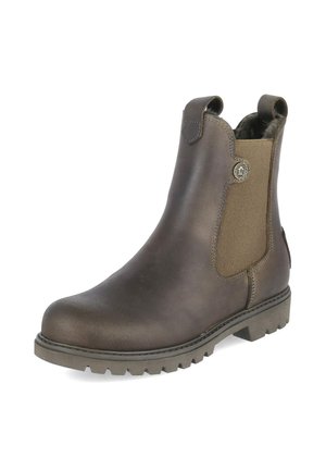 Stivaletto marrone in pelle con pannello laterale elastico, linguette in alto, punta tonda e suola robusta, adatto al clima freddo.