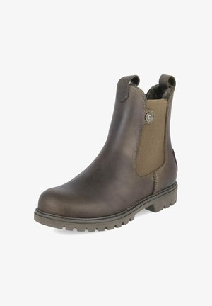 Brauner Leder-Knöchelboot mit elastischem Seitenteil, Zuglaschen am oberen Rand, runder Spitze und robuster Sohle, geeignet für kaltes Wetter.