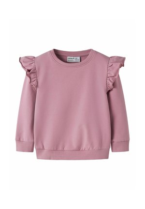 Sweat-shirt à manches longues violet clair avec des détails volants aux épaules et des poignets et un ourlet côtelés, conçu pour un enfant.