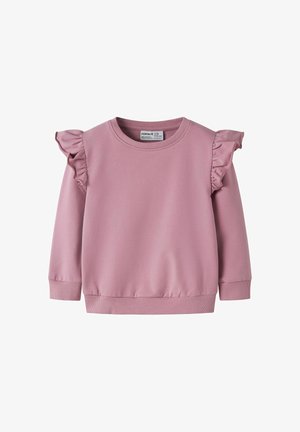 Sweat-shirt à manches longues violet clair avec des détails volants aux épaules et des poignets et un ourlet côtelés, conçu pour un enfant.