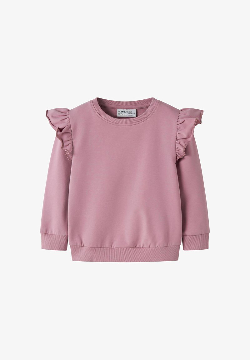 Sweat-shirt à manches longues violet clair avec des détails volants aux épaules et des poignets et un ourlet côtelés, conçu pour un enfant.