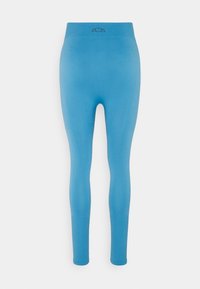 Niebieskie legginsy wysokie w talii, wykonane z miękkiego, elastycznego materiału, z ryfleksami u kostek i małym logo na pasie.