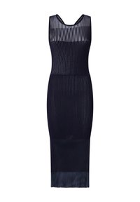 Traka haljina od pletiva u tamnoplavoj boji s vertikalnim prozirnim prugama, okruglim izrezom i prilagođenom siluetom koja seže do sredine tele.