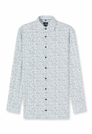 Long-sleeve button-up shirt in light blue with a floral pattern, featuring black buttons and a classic collar. Soft fabric texture.