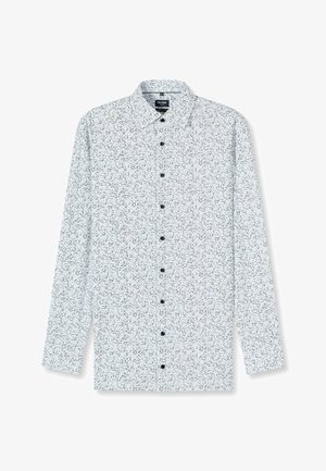 Langärmeliges Hemd zum Knöpfen in Hellblau mit floralem Muster, schwarzen Knöpfen und klassischem Kragen. Weiche Stoffstruktur.