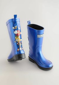 Stivali da pioggia in gomma blu con finitura lucida. Presentano una grafica di Sonic e amici su un lato. Suole nere, battistrada testurizzato per una maggiore aderenza.