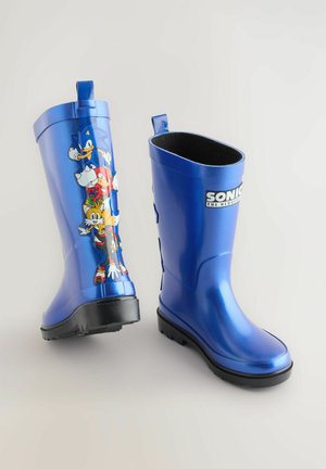 Stivali da pioggia in gomma blu con finitura lucida. Presentano una grafica di Sonic e amici su un lato. Suole nere, battistrada testurizzato per una maggiore aderenza.
