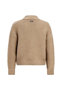 Beige gestrickter Pullover mit strukturiertem Muster, weiten Ärmeln, geripptem Saum und Kragen. Verfügt über ein kleines Markenetikett auf der Rückseite.