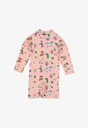 Lyserød langærmet badedragt til børn med tegneseriefigurer, heste, sole og planter trykt over det hele samt lynlås foran.