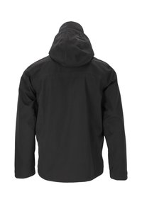 Musta takki, jossa on huppu, ominaispiirteenä puhdas, käytännöllinen muotoilu ja sileä pinta. Takakatsauksessa korostuvat saumat, eikä näkyvää metalliosaa.