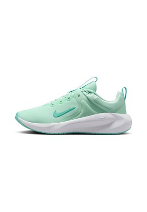 Lysegrøn Nike løbesko med hvid tyk sål, snørelukning og lille Nike swoosh på siden og sålen.