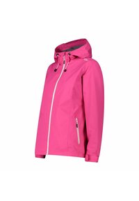 Giacca rosa impermeabile con cappuccio, zip frontale e tasca laterale con zip. Presenta lacci regolabili e accenti bianchi a contrasto.