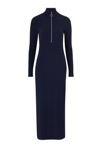 Marineblaues, geripptes Kleid mit langen Ärmeln und hohem Kragen. Verfügt über einen Reißverschluss vorne mit einem runden Ziehgriff. Figurbetont und knöchellang.