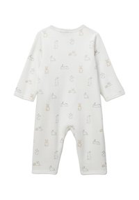 Combinaison pour bébé blanche à manches longues, présentant un motif répété de petits lapins en gris et orange clair. Tissu doux et texturé.