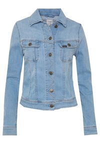Light blue denim jacket with long sleeves, collar, button front closure, and two chest pockets with button flaps.
