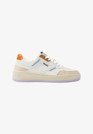 White sneaker with an orange and brown accent, featuring suede and leather materials, a textured rubber sole, and geometric design details.