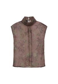 Top floreale trasparente con colletto alto, caratterizzato da una combinazione di colori marrone chiaro e verde. Il design include grandi rose e foglie delicate.