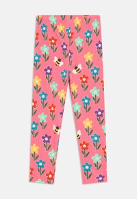 Leggings rosa con un motivo floreale, caratterizzati da fiori multicolori, faccine sorridenti e api. Realizzati in materiale morbido e elasticizzato.
