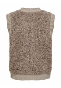 Beige ärmellose Weste aus einem strukturierten, flauschigen Material mit einem gerippten Kragen und Säumen. Weicher, warmer Stoff ideal zum Schichten.