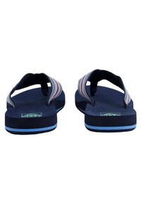 Infradito navy con fasce in tessuto a righe rosa e blu. Le suole spesse e imbottite presentano un accento azzurro chiaro lungo il bordo.