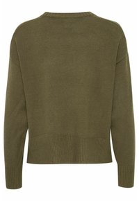 Grüner Strickpullover mit lässiger Passform, gerippten Bündchen und Saum. Die Rückseite hat ein einfaches Design mit Rundhalsausschnitt und ohne Verzierungen.