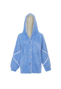 Puchaty niebieski hoodie z zapięciem na guziki z przodu, białymi akcentami w szwach i kapturem. Miękka tekstura i luźny krój zwiększają komfort.