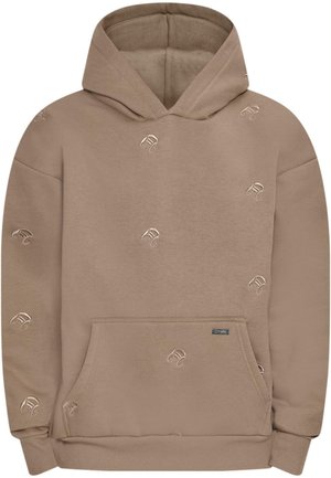 Felpa con cappuccio marrone realizzata in tessuto morbido, caratterizzata da un motivo ricamato e una tasca a marsupio frontale con una piccola etichetta del marchio.