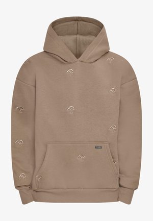 Felpa con cappuccio marrone realizzata in tessuto morbido, caratterizzata da un motivo ricamato e una tasca a marsupio frontale con una piccola etichetta del marchio.