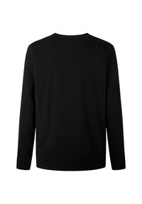 Črna majica z dolgimi rokavi in okroglim izrezom, s preprostim, enobarvnim hrbtom, prikazana na belem ozadju.